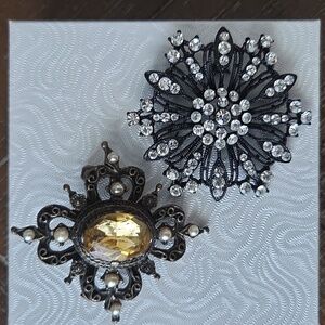 2 Vintage Brooches Black Flower Rhinestones & Citrine Rhinestone W/ Pearl Beads